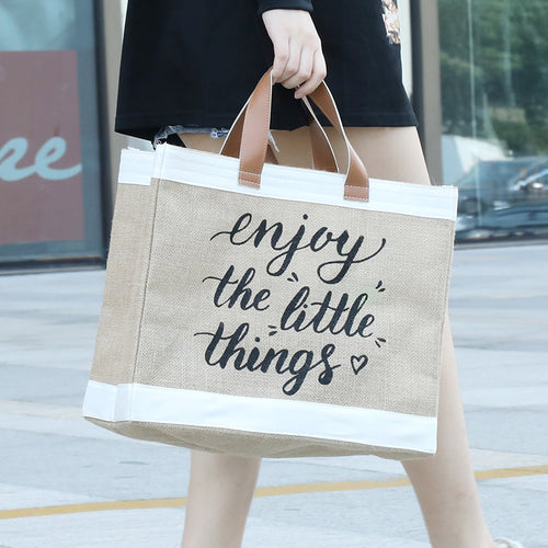 Woman Linen Tote Large Capacity Casual Handbag Vintage Ladies Letter Printed Beach Shoulder Shopping Bag