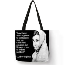 Load image into Gallery viewer, Unique Customize Tote Bag Eco Linen Bags with Audrey Hepburn Print Reusable Shopping Bags Fashion Handbag Totes For Women