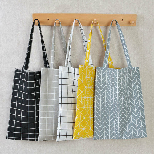 Women Casual Plaid  Linen Cotton Canvas Shopping Shoulder Bags Tote Bags Tote