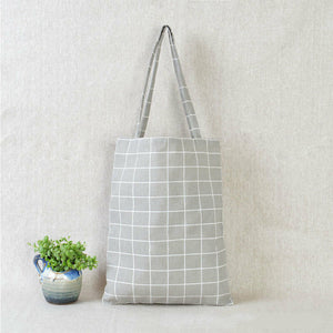 Women Casual Plaid  Linen Cotton Canvas Shopping Shoulder Bags Tote Bags Tote